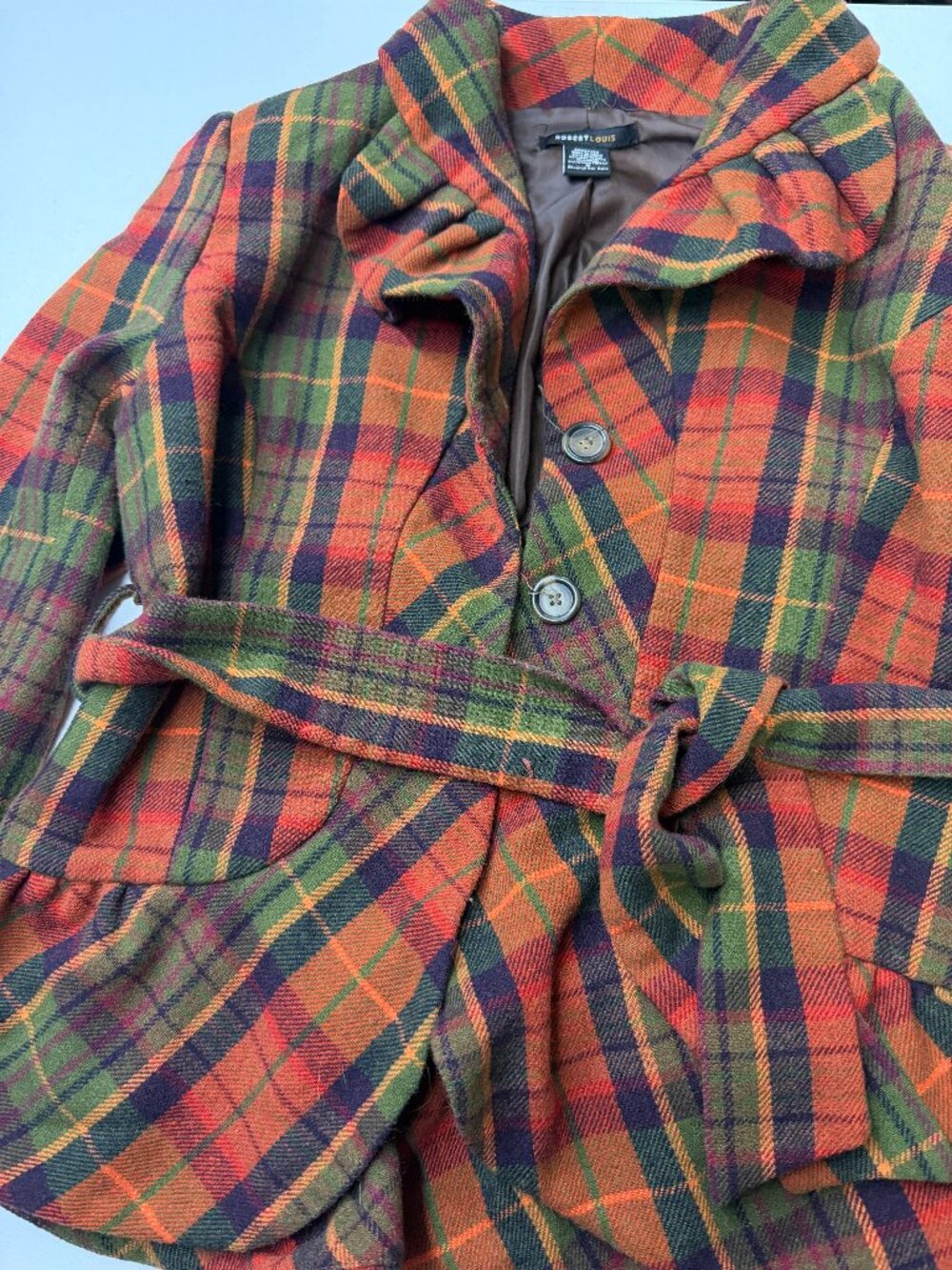 Robert Louis Plaid Belted Ruffle Jacket Blazer Orange Green Fall Academia